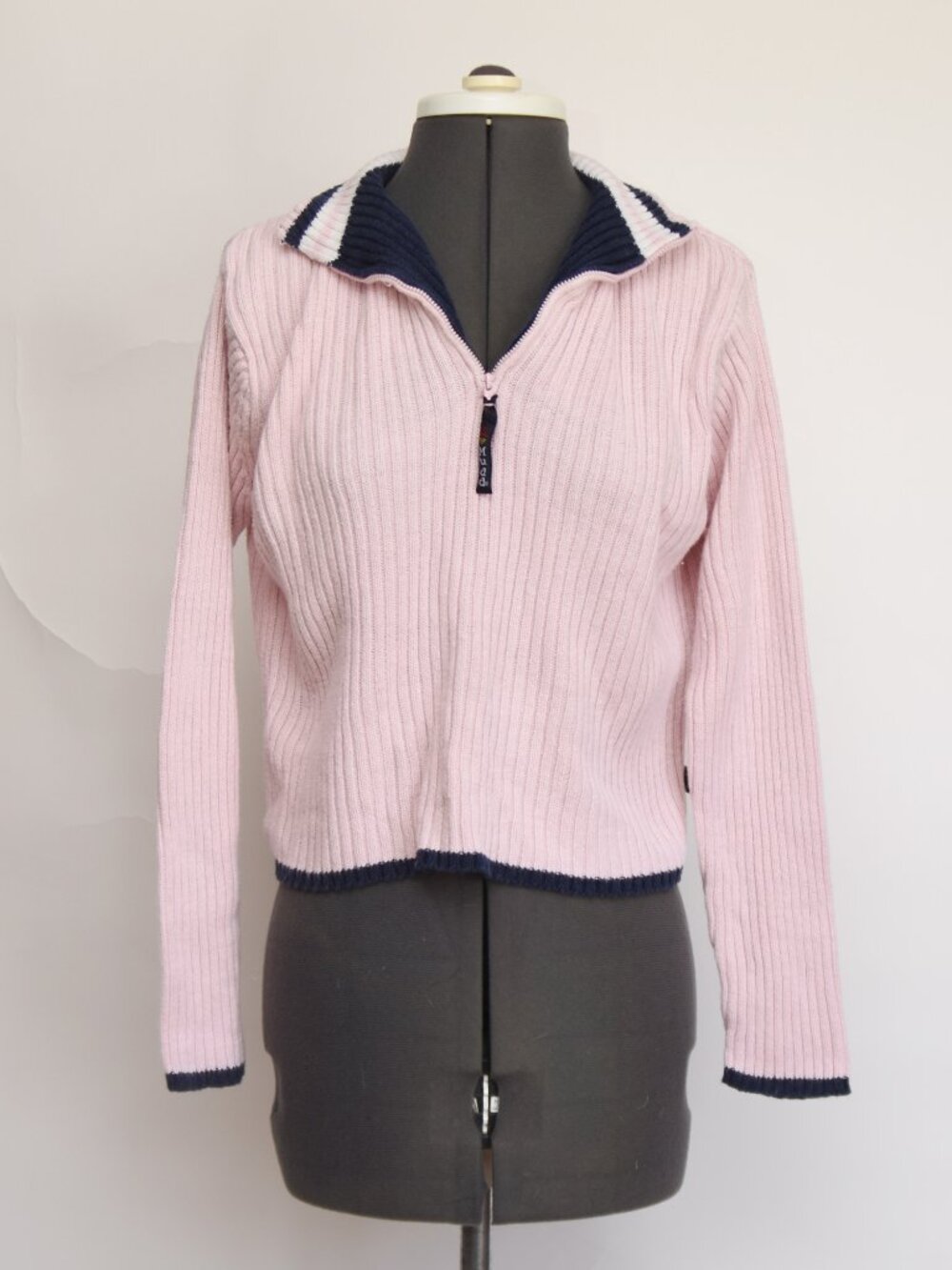 VTG Y2K Mudd Ribbed Knit Half Zip Sweater Pink Navy Striped Trim Womens Size L
